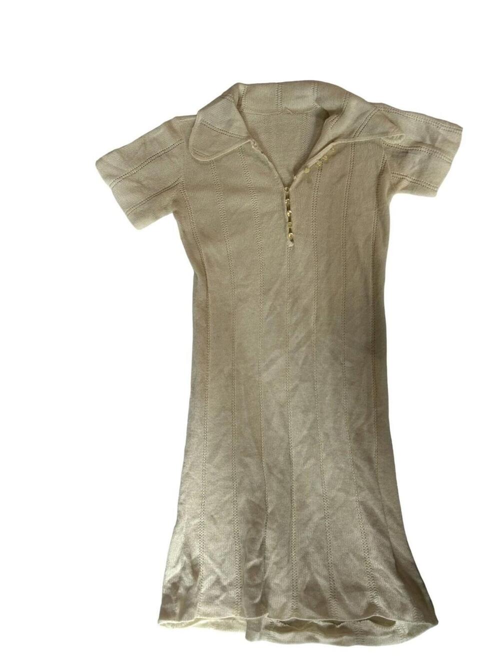 Vintage Cream Short-Sleeve Knit Dress Collar & Button Front - Picture 4 of 9